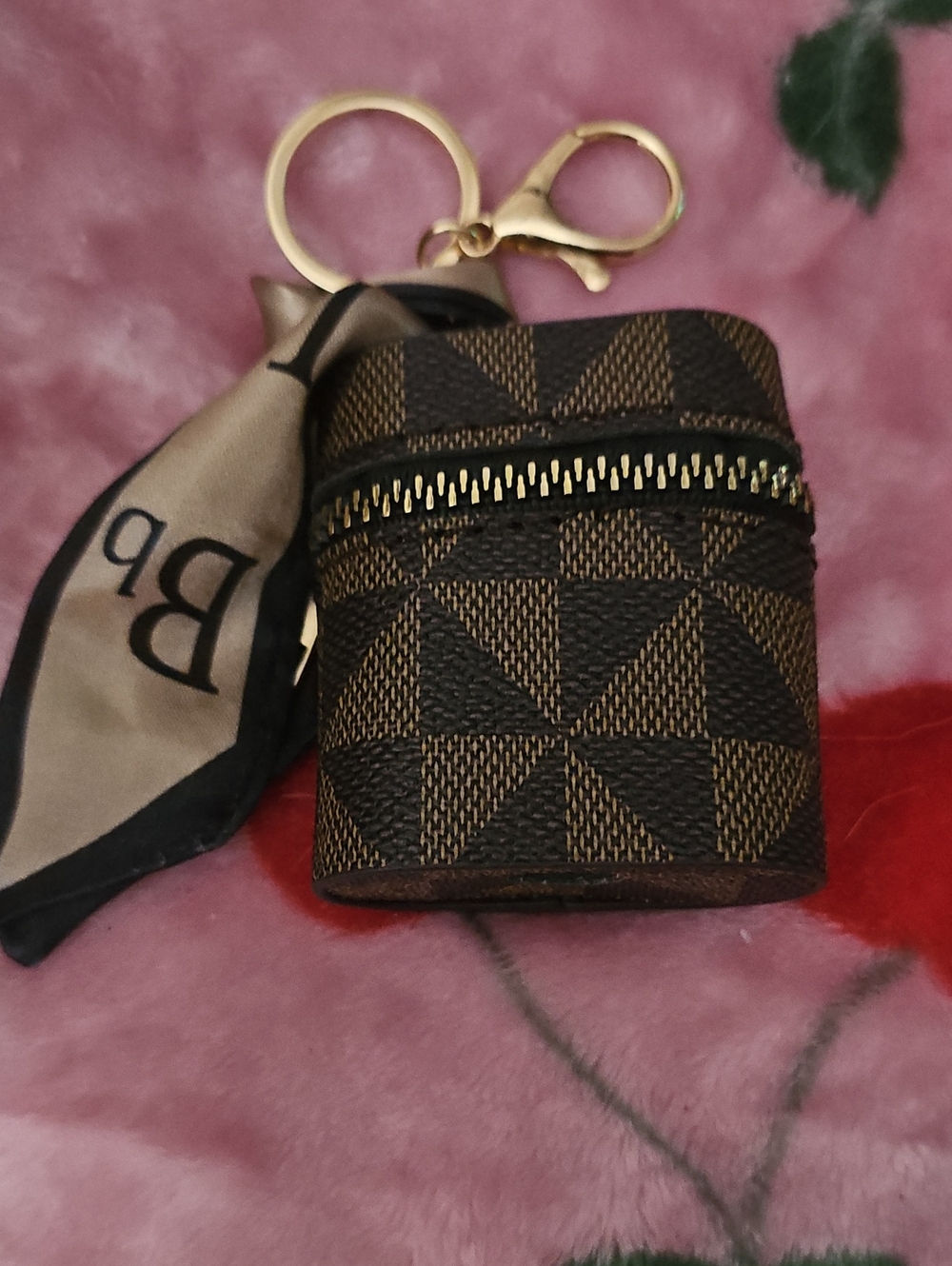 Brown Geometric Mini Key Pouch with Gold Keyring